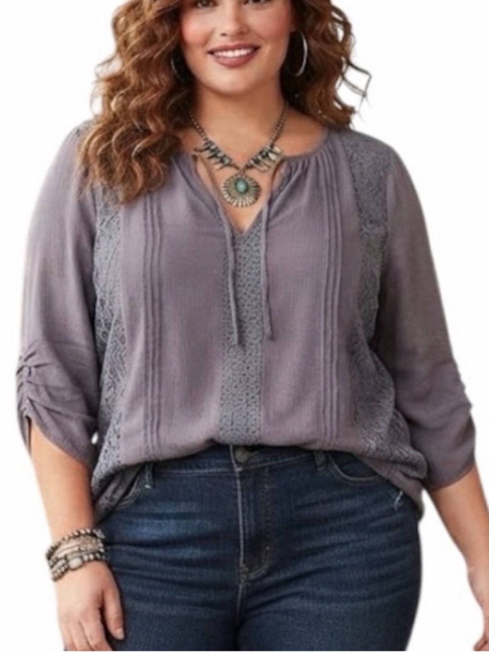 TORRID Grey Gauze Lace Inset Tie Front Blouse Keyhole Size 2 / 2X Gorpcore